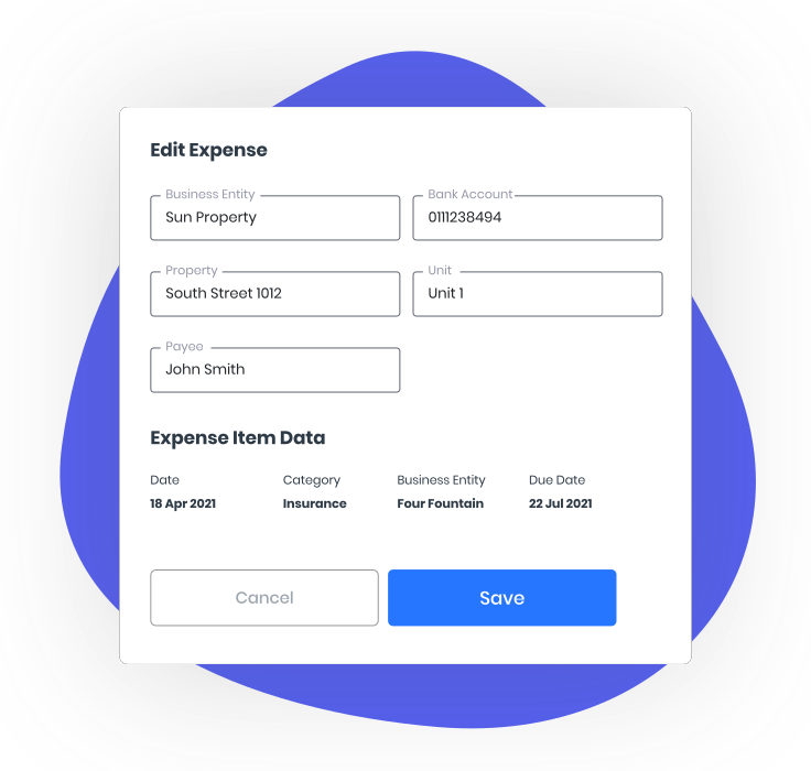 Edit Expense form interface showing business entity, bank account, property, unit, payee fields and expense item data