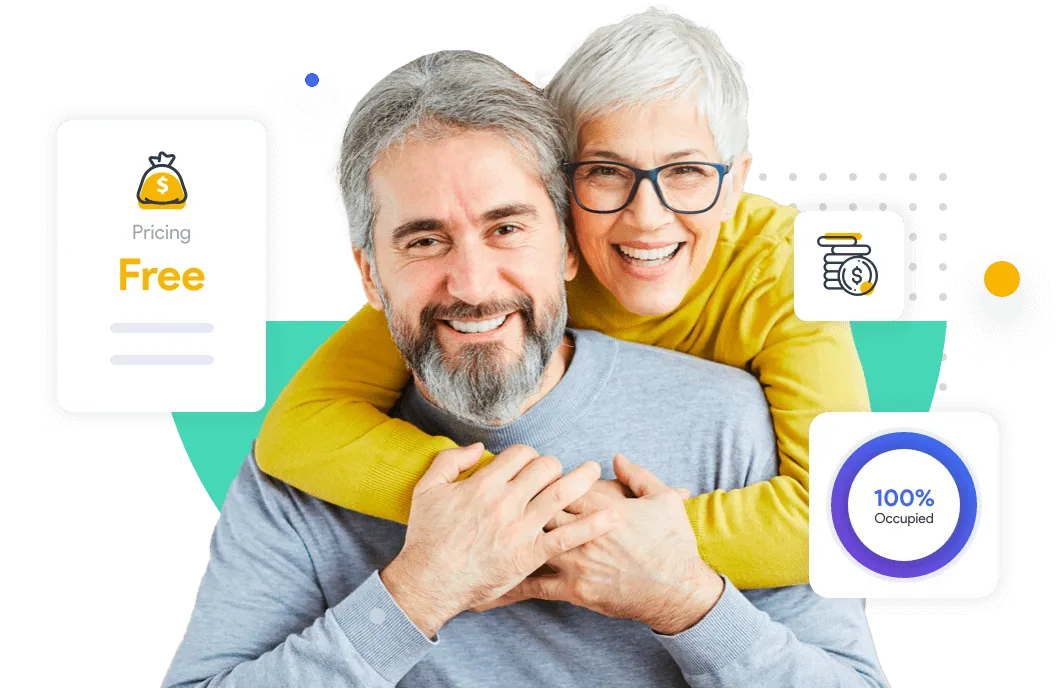 Happy couple celebrating with pricing free card and 100% occupied indicator, representing the value and success of free listing services